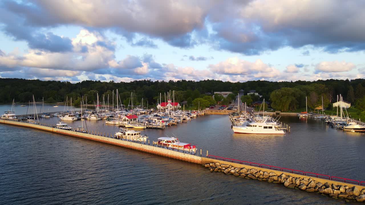 Boats at marina with sunset color in USA, aerial view
