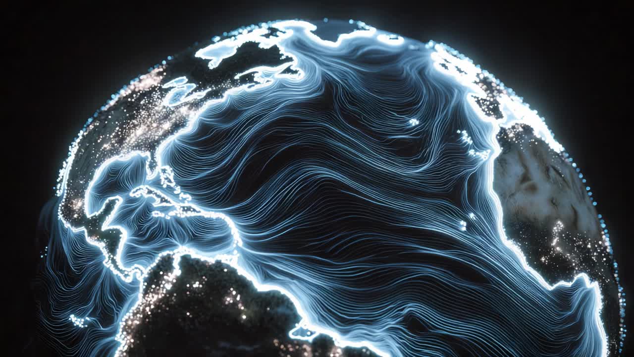 Futuristic planet Earth with glowing blue lines representing data transfer, ocean currents, or wind patterns, connecting continents with city lights visible from space over a dark background