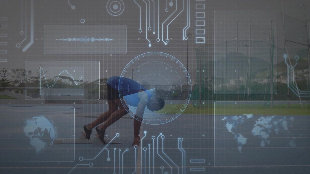 Male sprinter shifting weight into starting blocks and activating animated form analysis overlays
