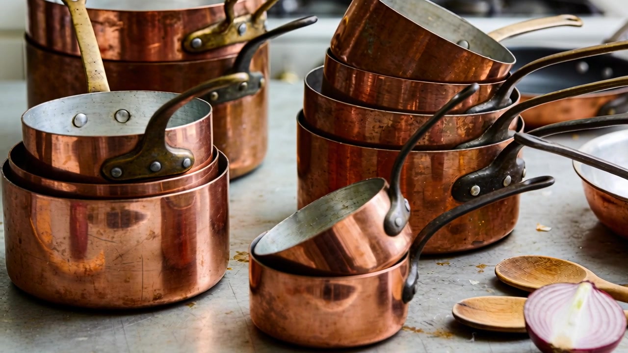 Shifting camera revealing stacked copper pans at kitchen counter to highlight rivets and red onion