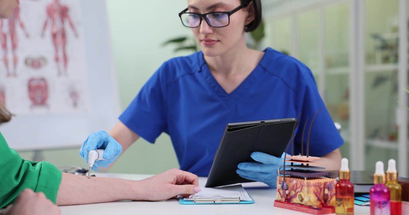 Doctor utiliza una tableta digital y un escáner para examinar la piel del paciente.