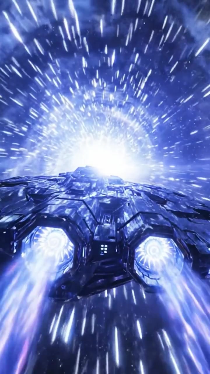 Un'astronave futuristica che si propulsa attraverso un vortice di luce ed energia, catturando il brivido del viaggio intergalattico in una splendida scena di avventura fantascientifica.