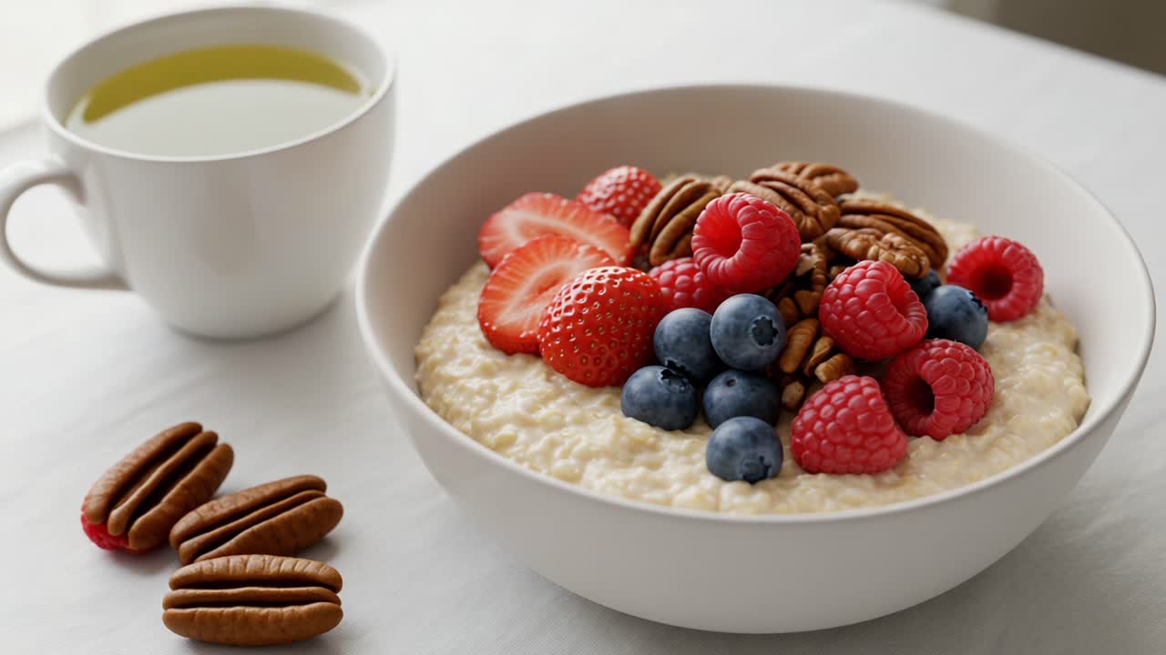 Delicious Bowl of Creamy Oatmeal Topped with Fresh Berries and Nuts, Accompanied by a Warm Cup of Green Tea, Perfect for a Healthy Breakfast