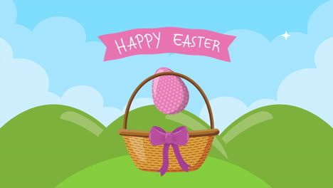 happy easter animated card with basket and egg painted in field