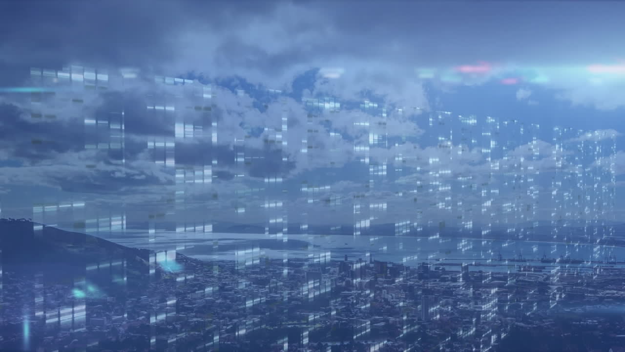 도시 풍경 위의 컴퓨팅 데이터 처리의 애니메이션