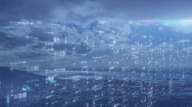 Animation of computing data processing over cityscape