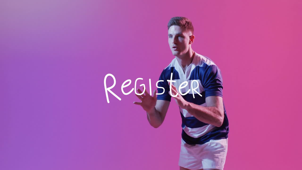 Gesturing with Register text, athlete in rugby uniform on colorful background