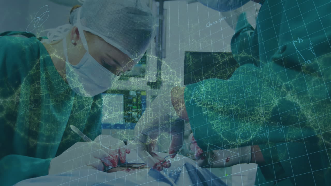 수술 중 백인 여성 및 남성 외과 의사 위에 회전하는 dna의 애니메이션