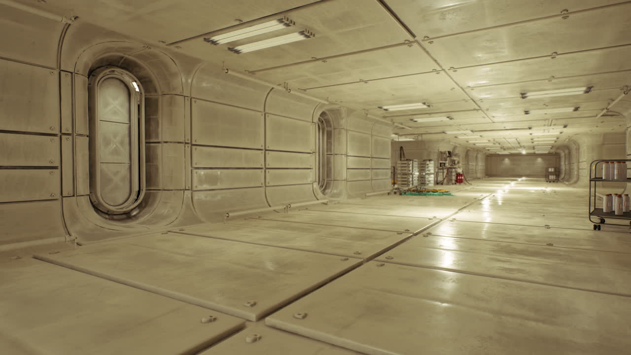 Sterile metallic corridor with reflective panels and portholes