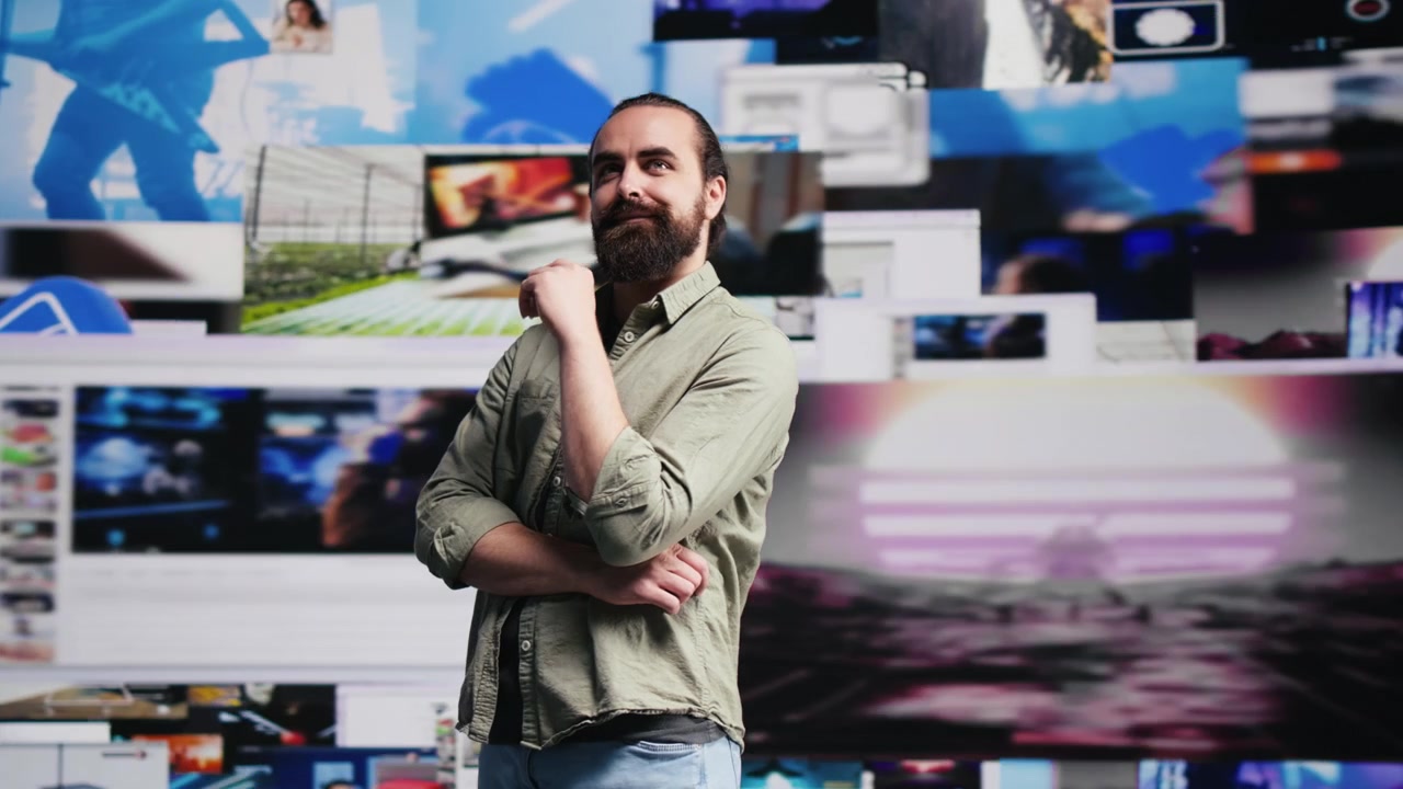 Jovem criador de conteúdo analisa plataformas de redes sociais em uma interface de usuário