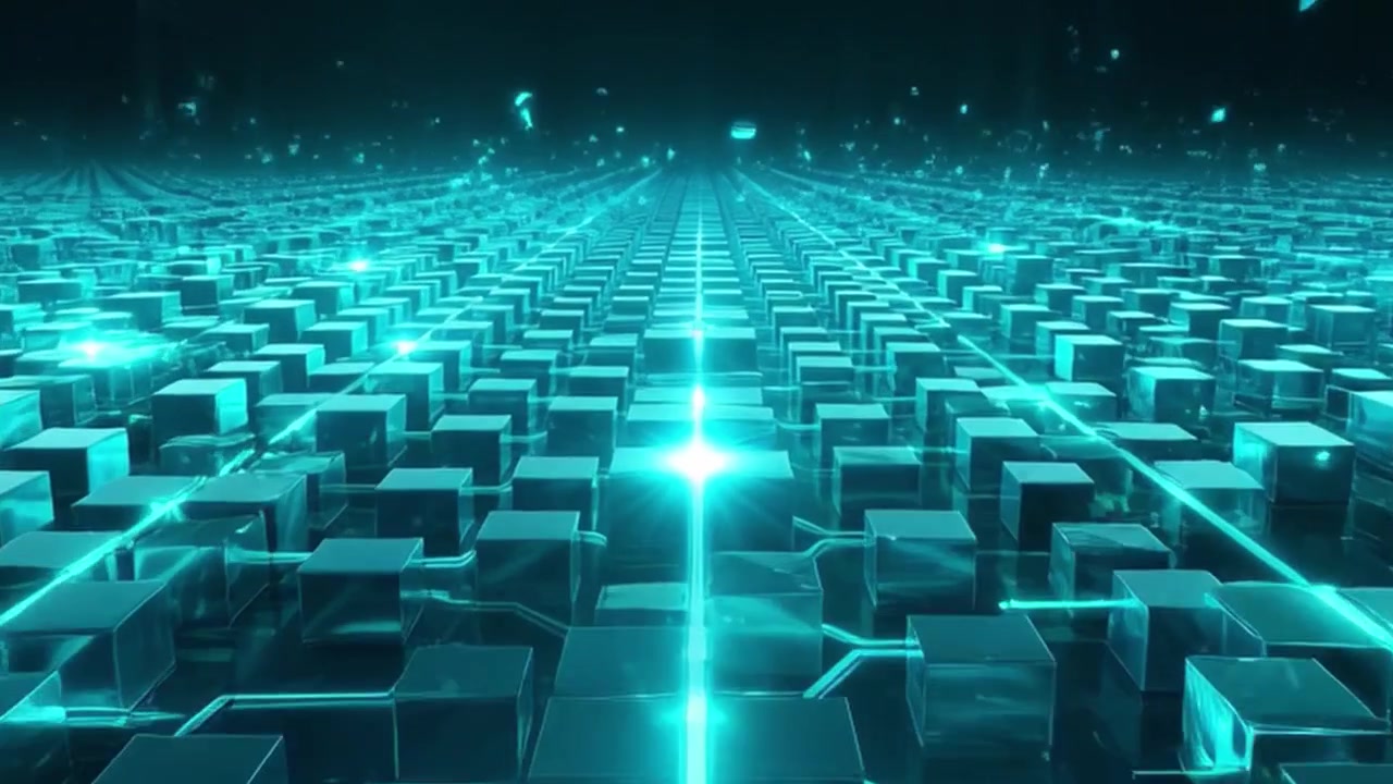 Abstract Digital Grid with Glowing Cyan Cubes and Data Flow