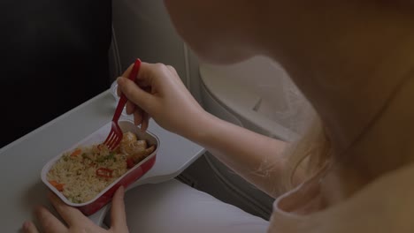 woman having dinner in the airplane