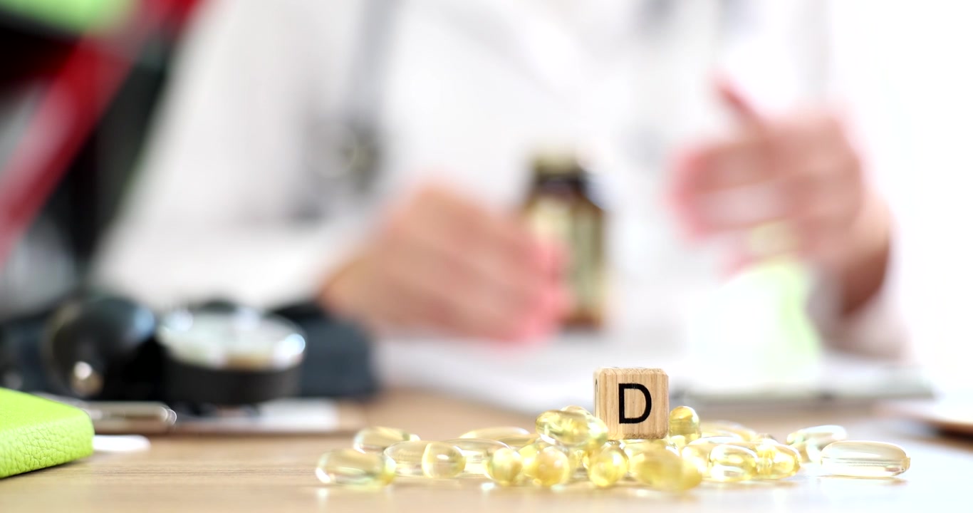 Mucchio di capsule e blocco di legno con la D, con un medico che tiene una bottiglia.