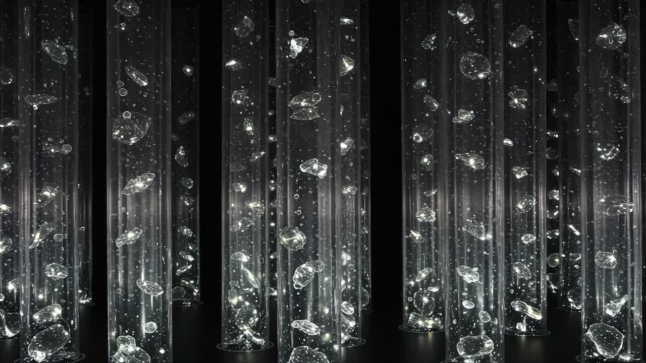 An Enchanting Display of Bubbles and Light: Captivating Visuals in a Darkened Space with Glittering Columns Reflecting Radiant Sparkles and Quirky Shapes