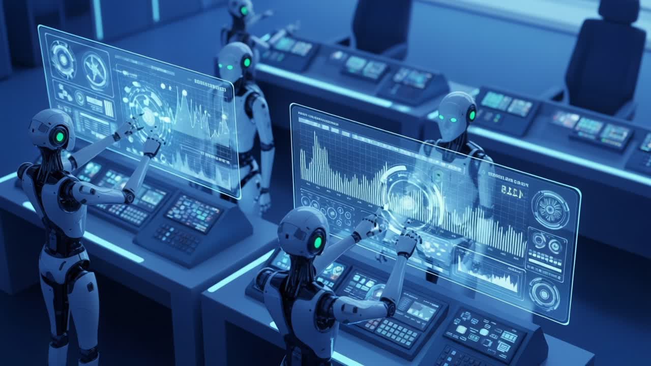 Futuristic Scene of Robots Analyzing Data on Holographic Displays in a High-Tech Control Room with Interactive Interfaces and Advanced Analytics