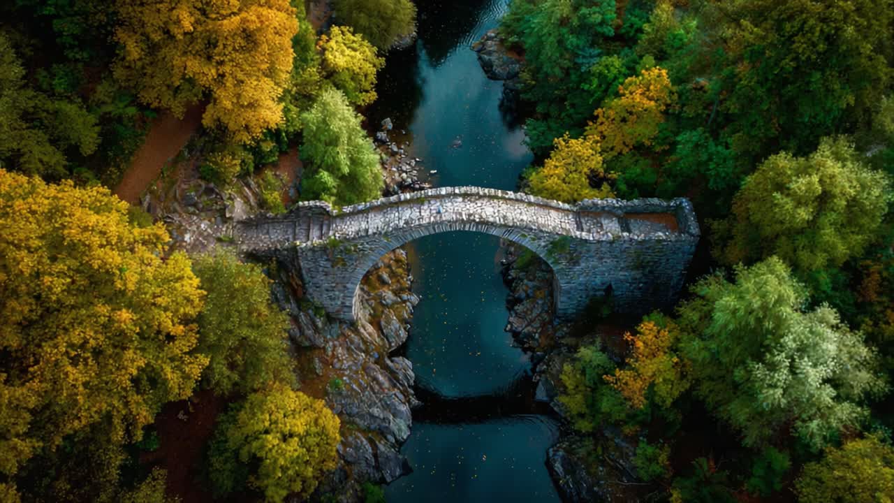 Aerial Perspective of a Majestic Stone Bridge Surrounded by Lush Autumn Foliage and Reflective Waters in a Serene Natural Landscape