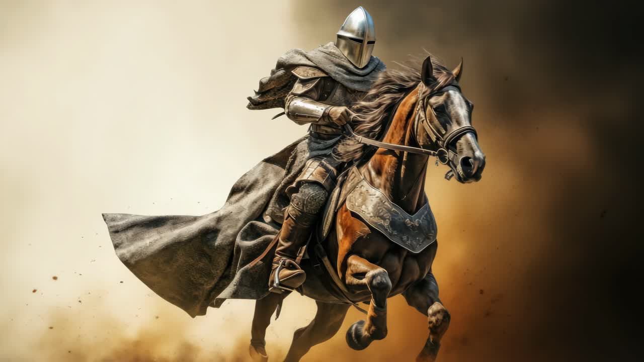 Epic medieval knight on horseback charging through dust