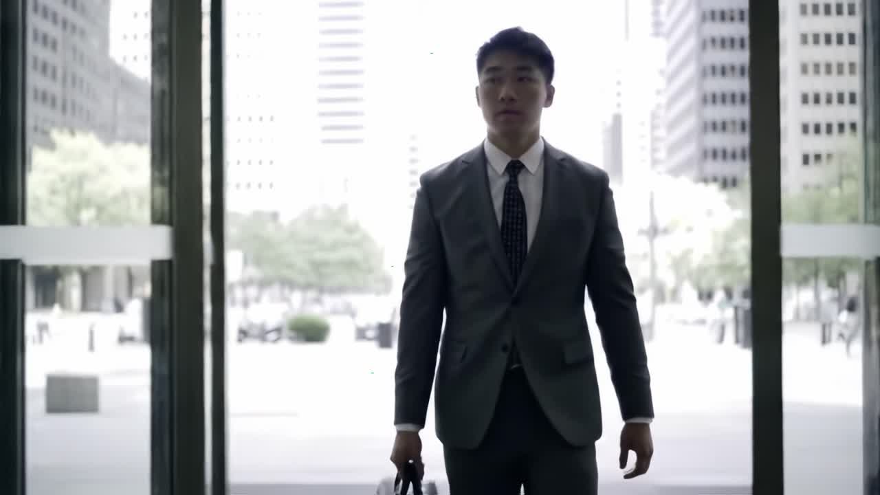 A confident professional strides purposefully through the entrance of a modern office building, showcasing determination and focus in an urban business environment.