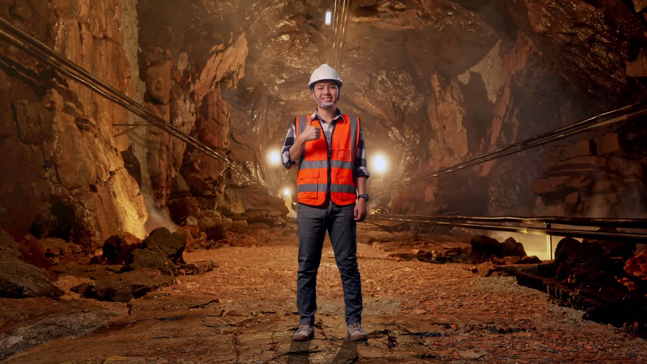 Full Body Of Asian Male Engineer With Safety Helmet Smiling And Showing Thumbs Up Gesture To The Camera While Standing In Underground Mine Tunnel