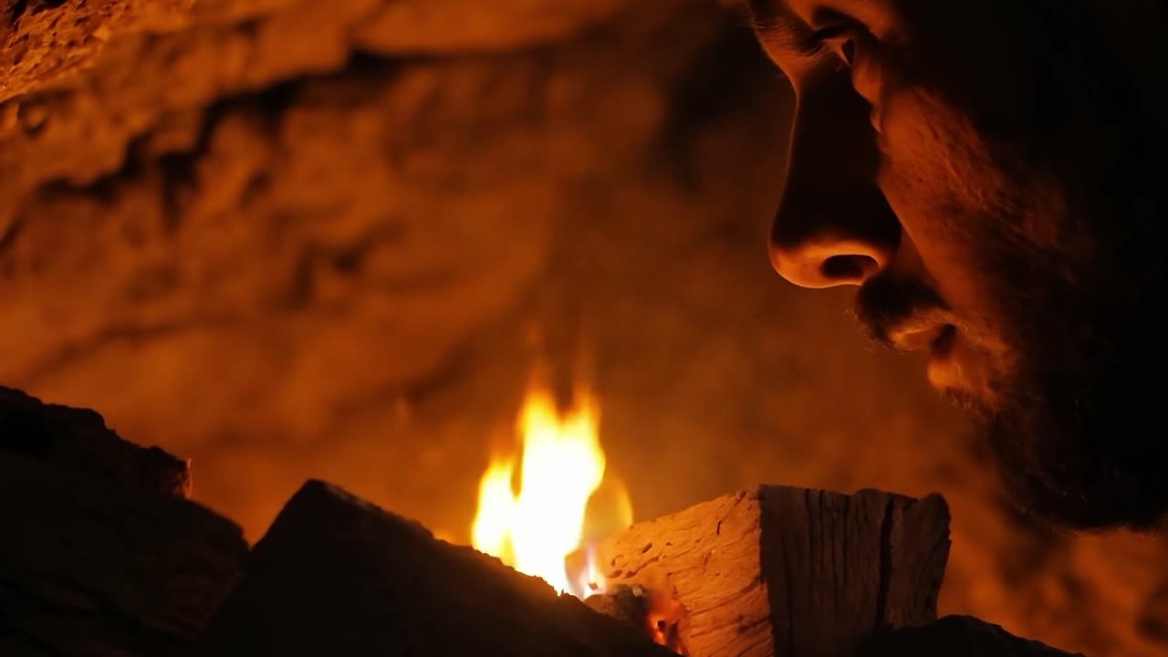 한 남자가 벽난로에서 불타는 불을 히 쳐다보고 있다.