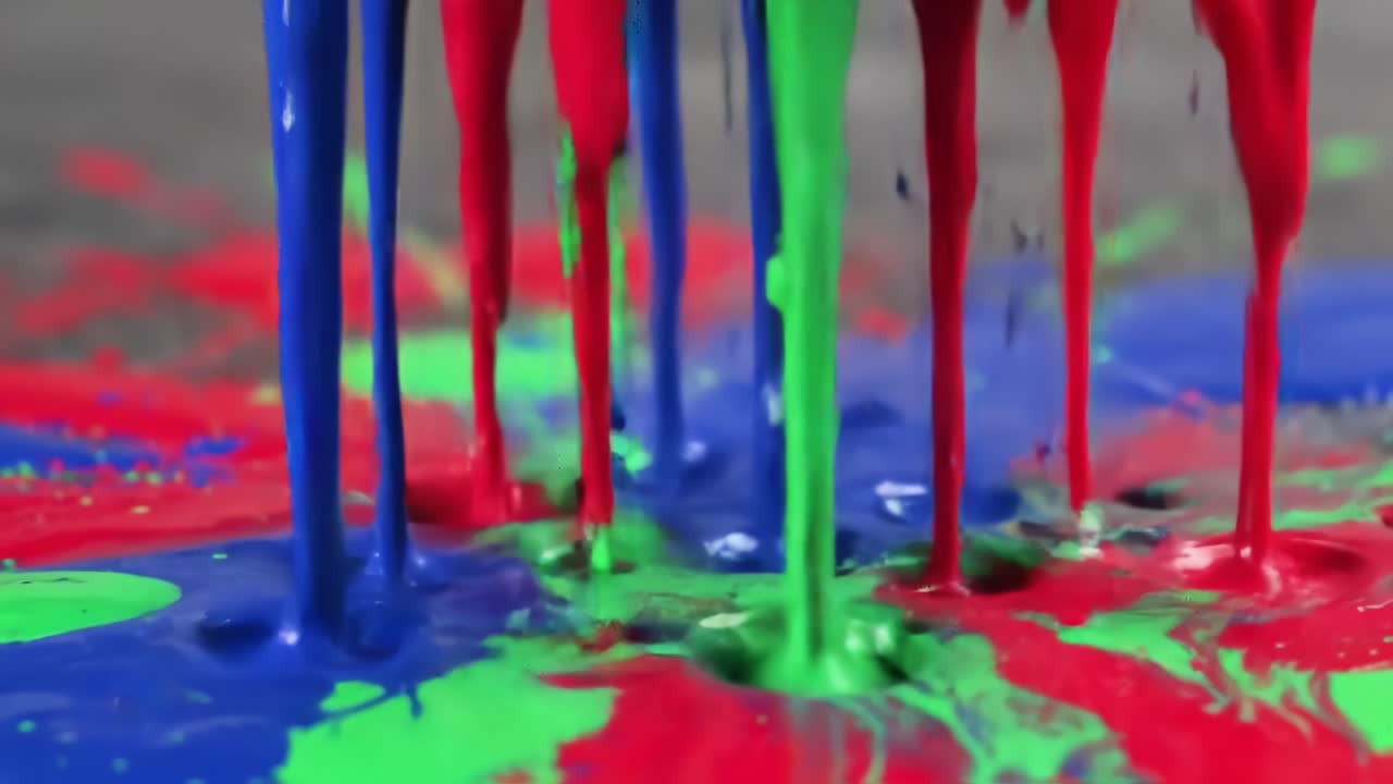 Vibrant Drips of Color: A Close-Up Exploration of Blue, Red, and Green Paint Flowing and Blending Together on a Surface
