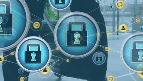 animación de iconos conectados con líneas sección baja de un hombre de negocios caminando con una maleta