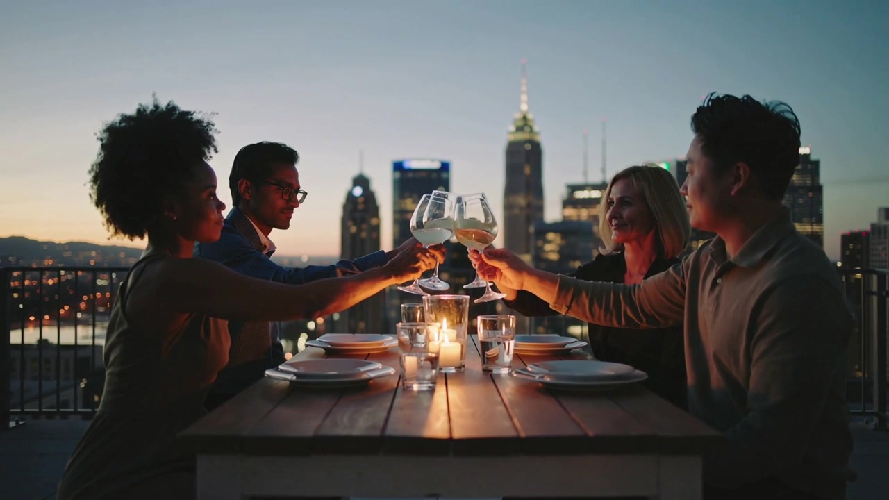 Lifting four friends in smart wear on rooftop toasting wine glasses, candle glowing, dusk deepening