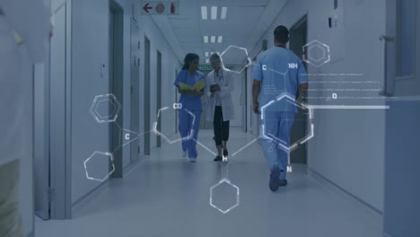 walking in hospital corridor, medical staff with molecular structure animation overhead