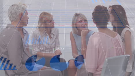 women in discussion with financial graphs and data processing animation overlay