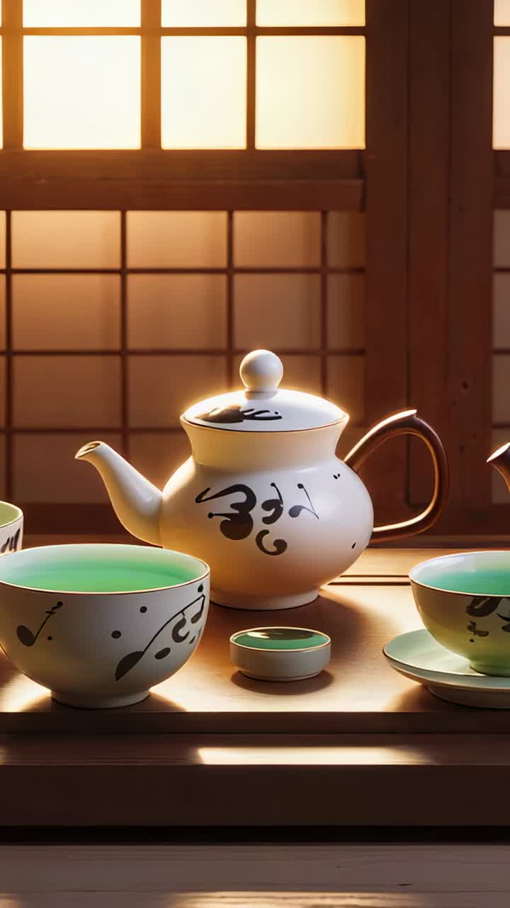 Vertical video: Shifting sunlight causing camera pushing in on teapot on ledge in tearoom with cups