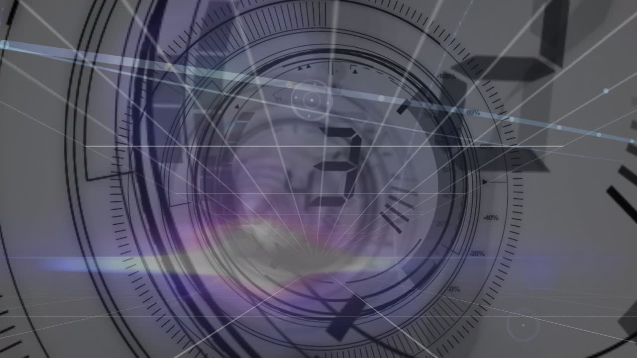 Animation of network of connections and scope scanning with countdwon on white background
