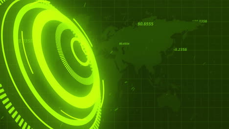 rotating green digital rings and numerical data animation over world map background