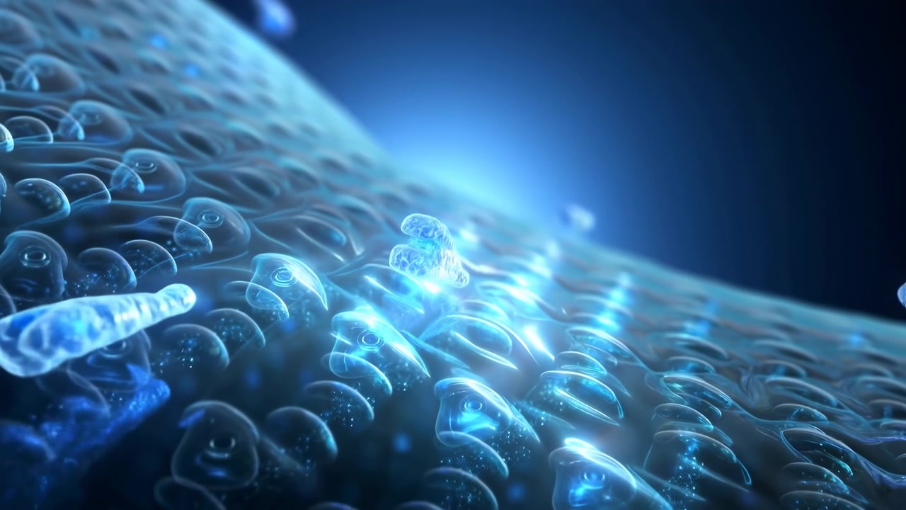 Abstract macro view of a blue biological surface with translucent bubble-like cells, floating particles, and a soft dark background fading into light blue