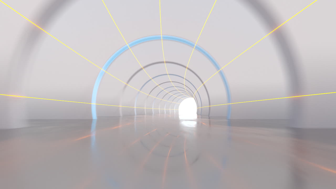 túnel blanco con líneas brillantes de fondo, renderización en 3d.