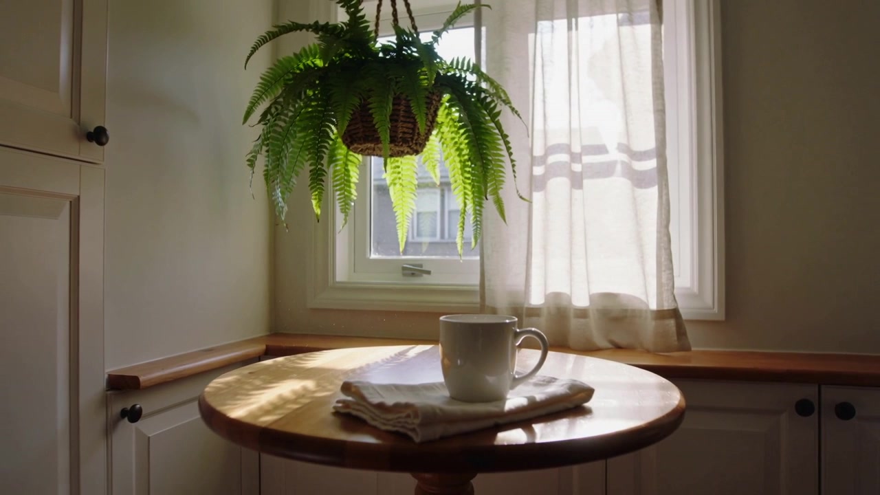 Shifting sunlight moving across round wooden table at kitchen nook, revealing mug, napkin