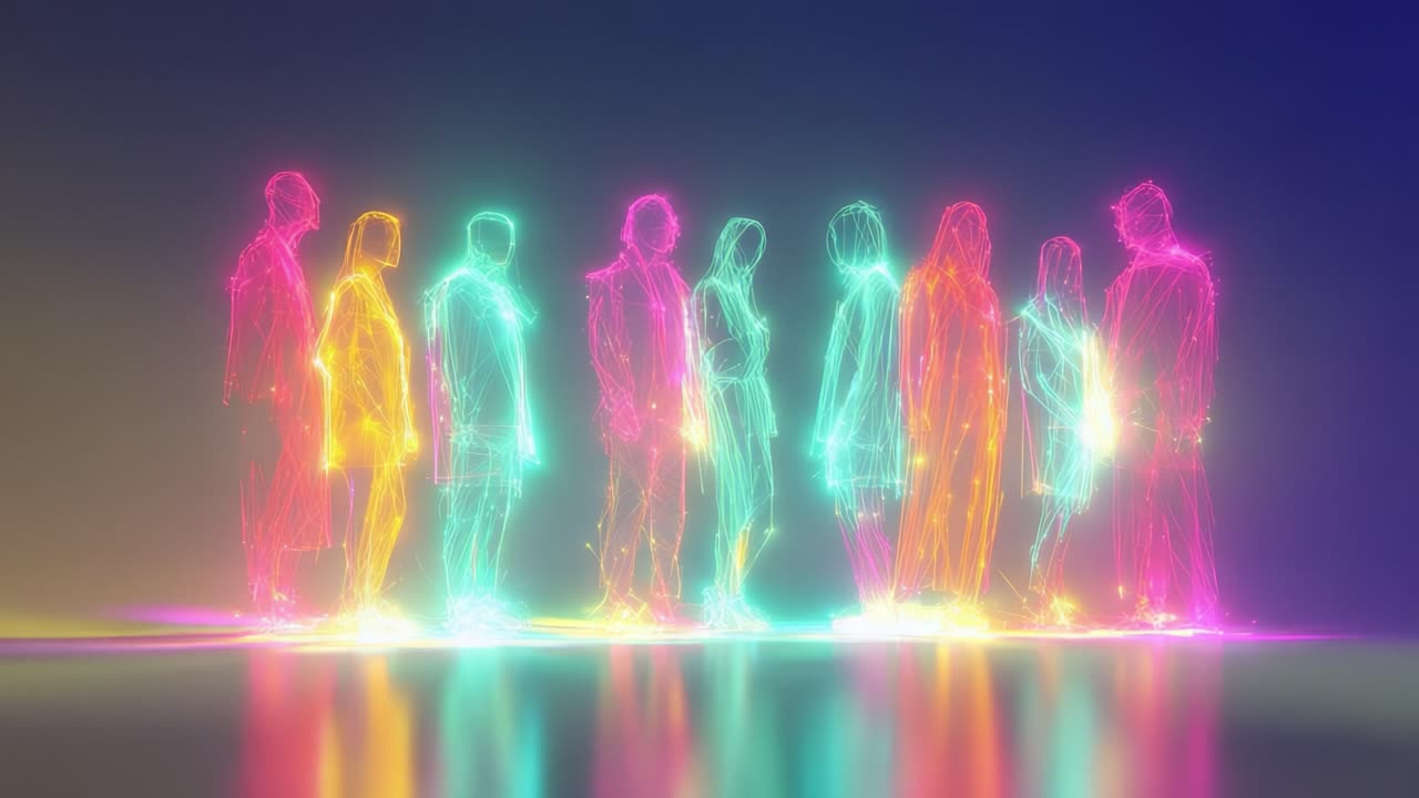A Vibrant Digital Representation of People Standing in a Line, Showcasing Glowing Neon Figures Which Emanate Light and Color Against a Dark Background, Perfectly Illustrating Connection and Humanity