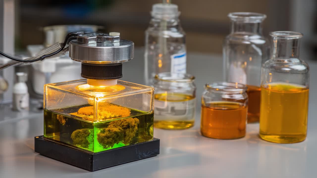 Exploring Chemical Reactions: Captivating Visuals of a Laboratory Experiment Featuring Colorful Solutions and an Innovative Apparatus Illuminating the Process