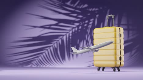 avión despegando con hoja de palma en el fondo y equipaje de maleta amarilla , concepto de temporada de vacaciones