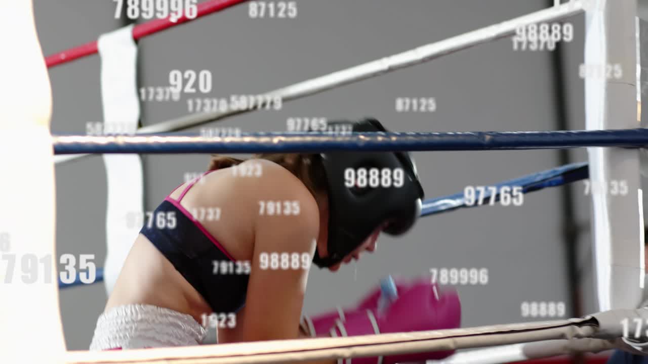 Boxing pro in pink gloves advancing, pressing rival, pushed back into ropes with numeric overlaying