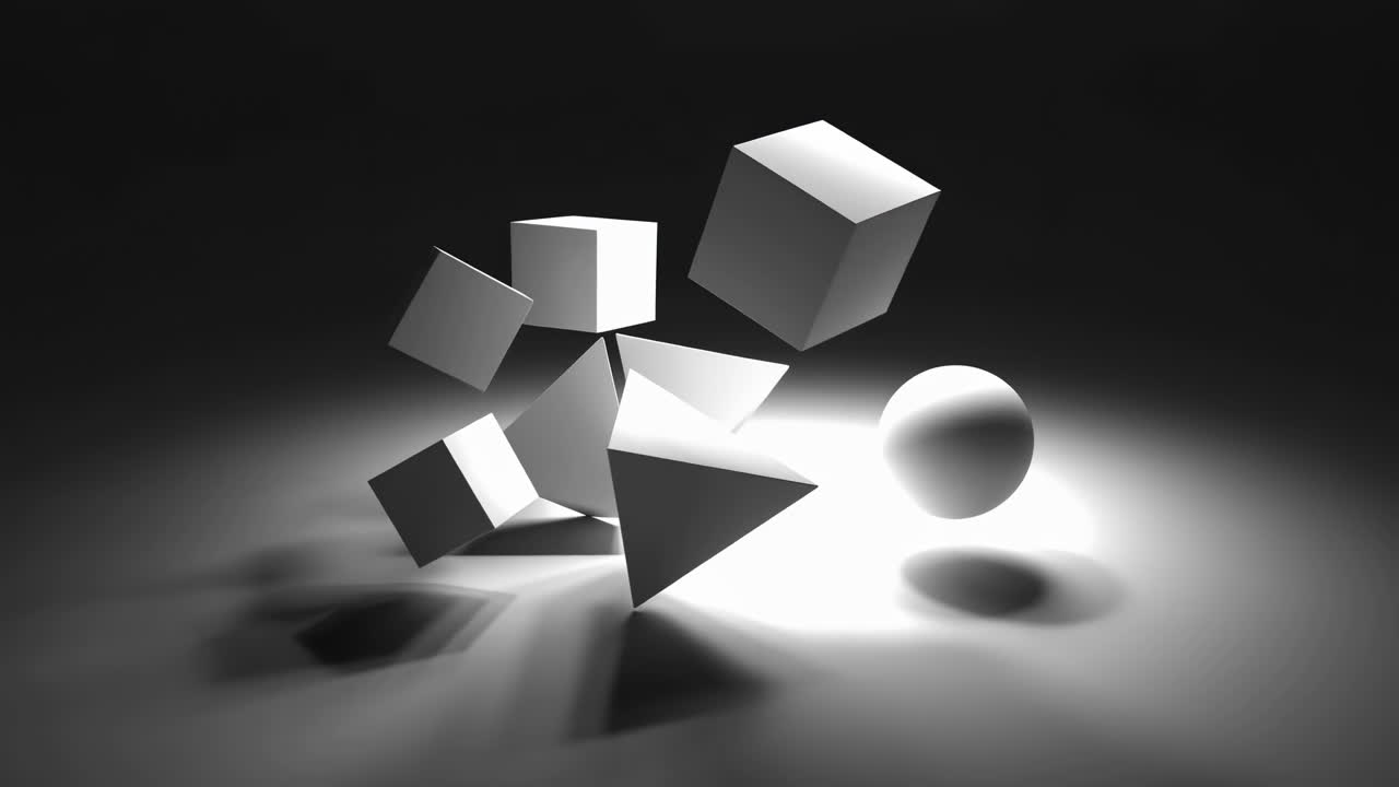 Monokrome, svævende og roterende 3D-geometriske former