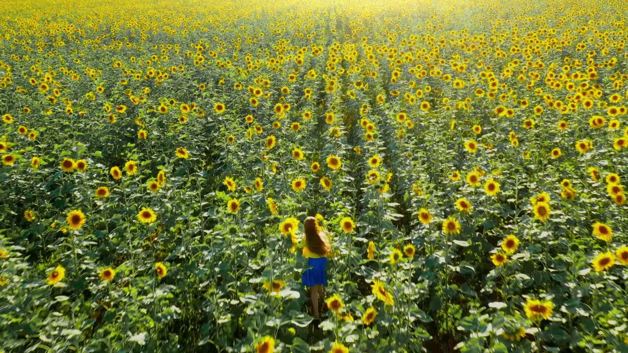 Girl Walking Through a Sunflower Field