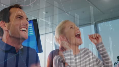 animation of multiple graphs with changing numbers, excited caucasian coworkers giving high fives