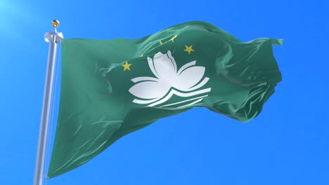 macanese flag waving at wind with blue sky in slow, loop