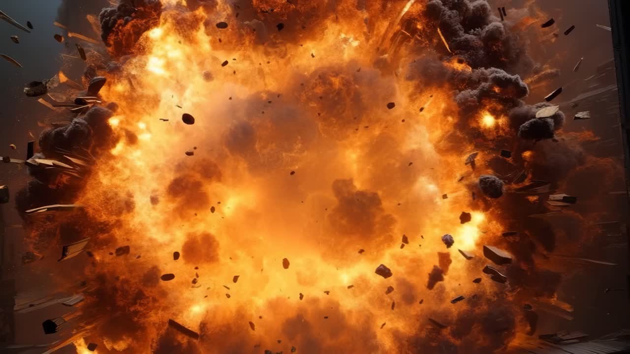 Dynamic explosion captured from a front-facing angle, showcasing fiery debris and smoke