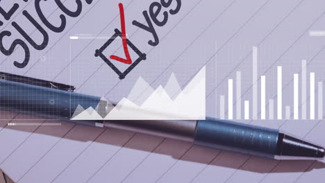 animation overlaying pen on paper with success checklist and data charts