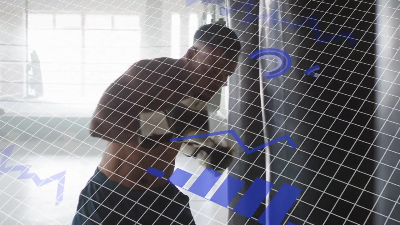 Uomo che fa boxe in palestra con overlay di dati e grafici animati
