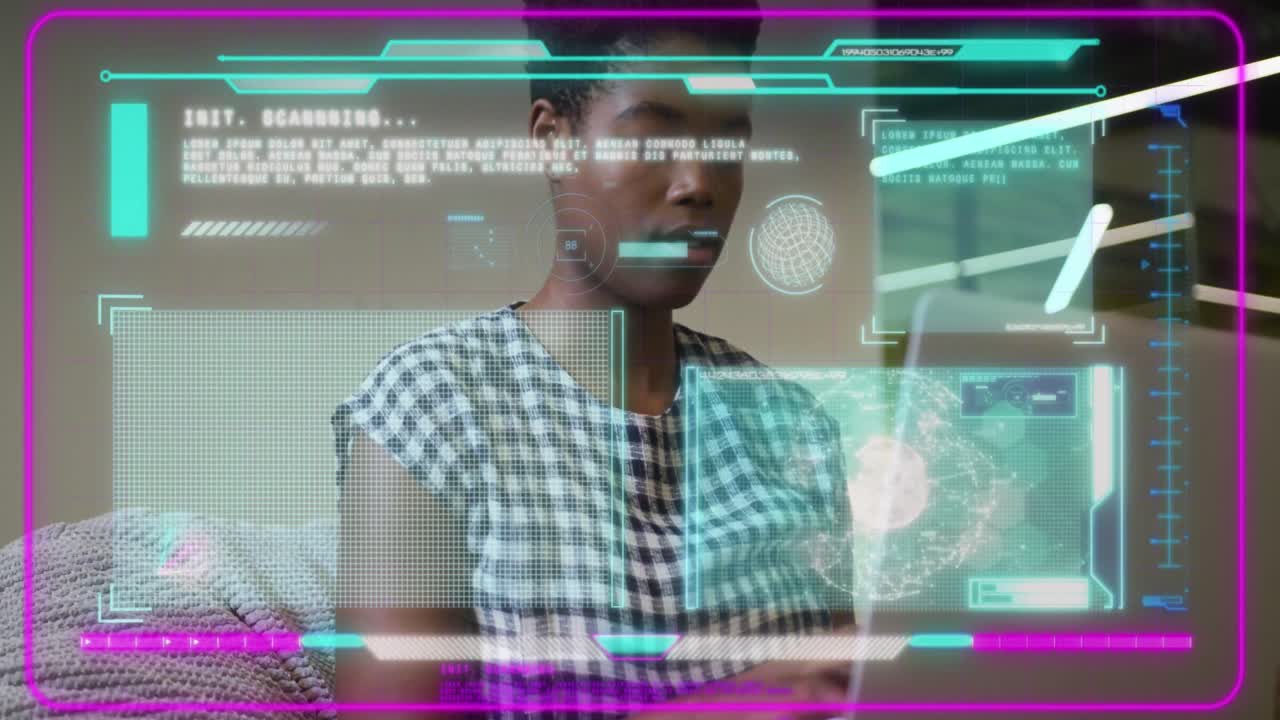 Animation of data processing over african american businesswoman using laptop