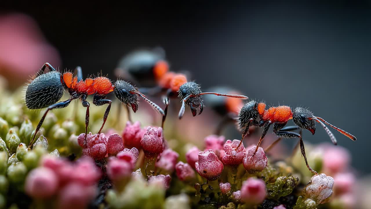 A Fascinating Close-Up Exploration of Vibrant Ants Interacting on Colorful Flora, Capturing Their Intricate Details and Social Behavior in Nature's Miniature World