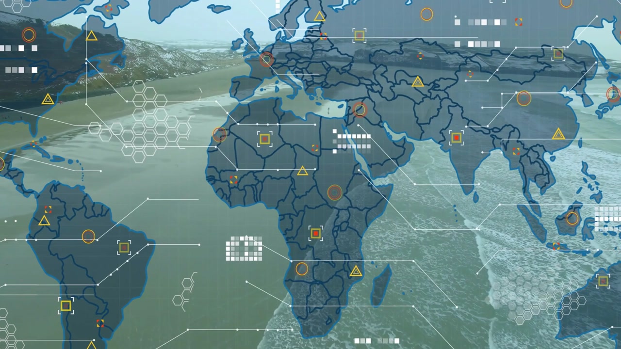 Faint world map HUD fading over aerial coast borders showing and animating data nodes for tech