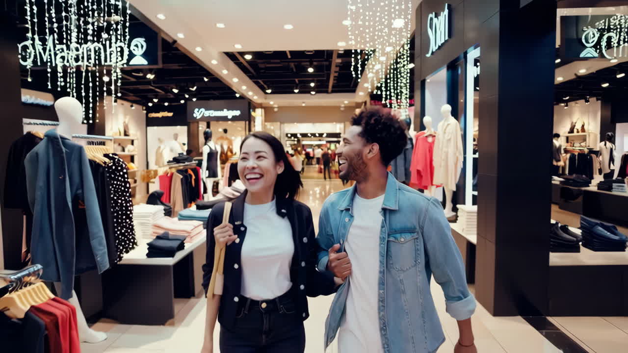 Happy Couple Walking and Shopping in a Modern Mall